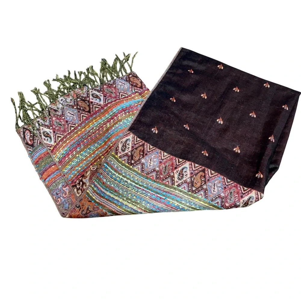 Vintage Cashmere Silk Scarf shawl‎ bohemian indie paisley wrap festival brown